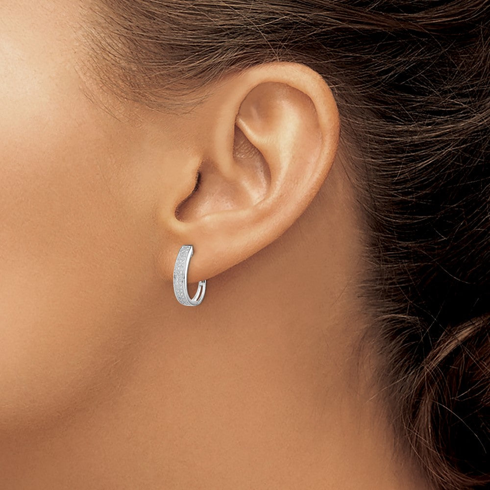 Sterling Silver Rhodium Diam. Oval Hinged Hoop Earrings