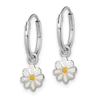 Sterling Silver RH-plated Enameled Daisy Round Hoop Earrings