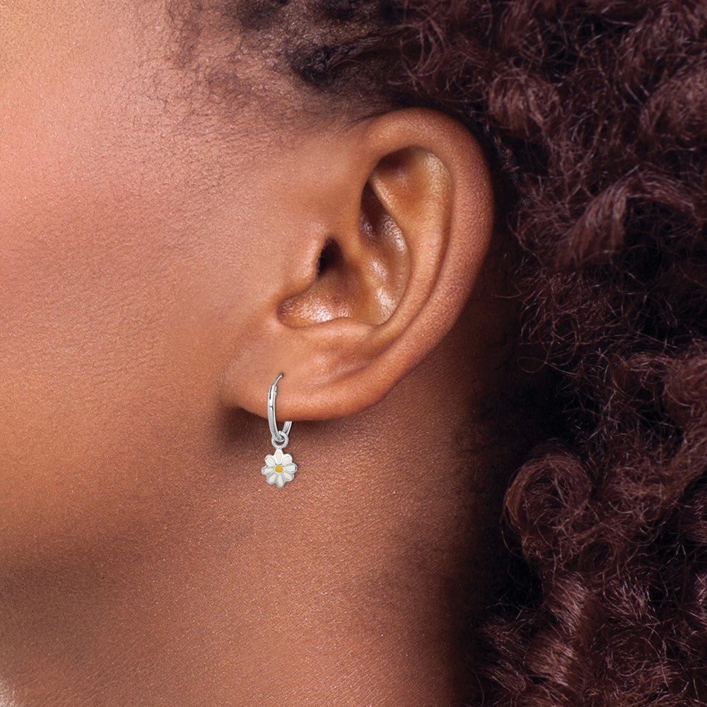Sterling Silver RH-plated Enameled Daisy Round Hoop Earrings