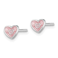 Sterling Silver RH-plated Pink Glitter Enamel Heart Petite Post Earrings