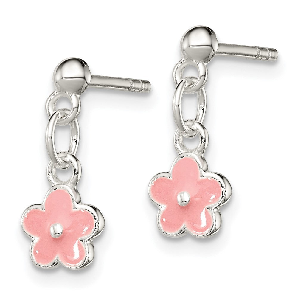 Sterling Silver Pink Enameled Flower Post Dangle Earrings