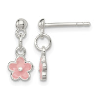 Sterling Silver Pink Enameled Flower Post Dangle Earrings