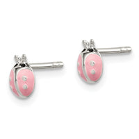 Sterling Silver Polished Pink and Black Enameled Ladybug Post Earrings