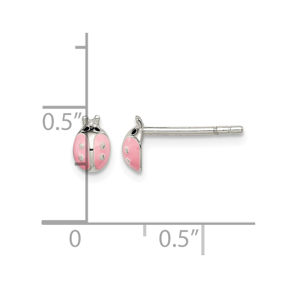 Sterling Silver Polished Pink and Black Enameled Ladybug Post Earrings