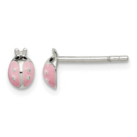 Sterling Silver Polished Pink and Black Enameled Ladybug Post Earrings