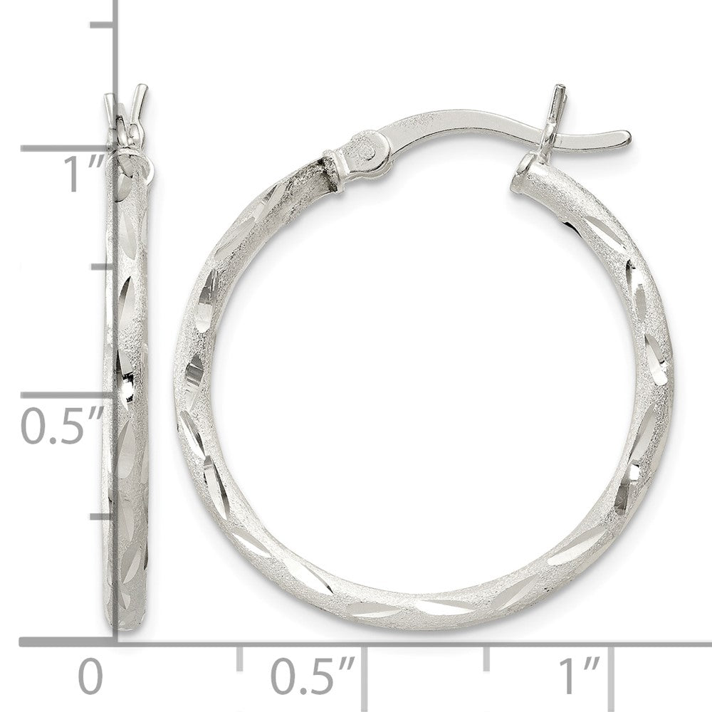 Sterling Silver Satin Diamond-cut 2x25mm Hoop Earrings