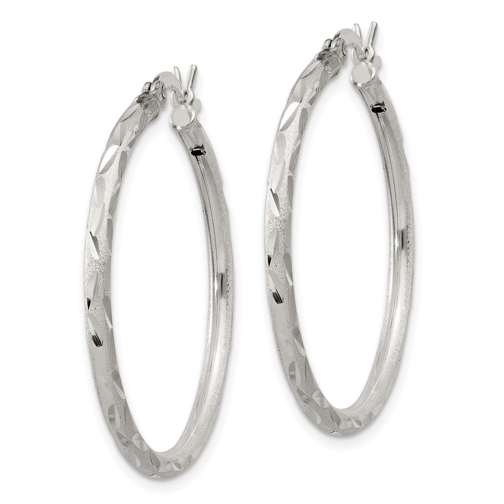 Sterling Silver Satin Diamond-cut 2x31mm Hoop Earrings