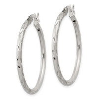 Sterling Silver Satin Diamond-cut 2x31mm Hoop Earrings