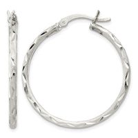 Sterling Silver Satin Diamond-cut 2x31mm Hoop Earrings