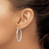 Sterling Silver Rhodium-plated Textured 3x30mm Hoop Earrings