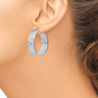 Sterling Silver Rhodium-plated Diamond-cut 7.75x30mm Hoop Earrings