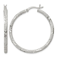 Sterling Silver 2.5mm Diamond-cut Laser-cut Hinged Hoop Earrings