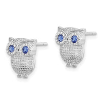 Sterling Silver RH-plated Blue Glass Owl Post Earrings