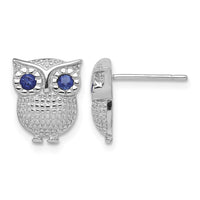 Sterling Silver RH-plated Blue Glass Owl Post Earrings