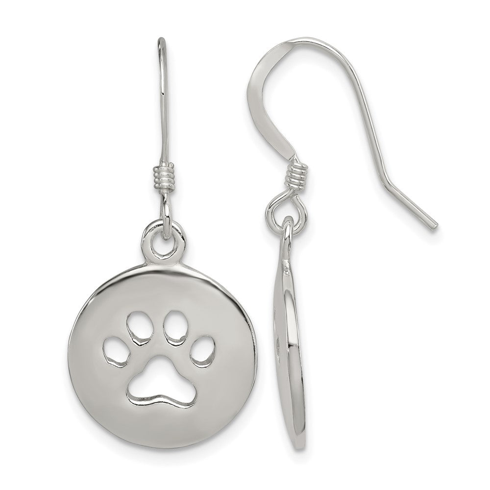 Sterling Silver Polished Paw Print Shepherd Hook Earrings