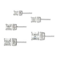 Sterling Silver Polished Square CZ 5-Pair Post Earrings Set