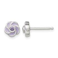 Sterling Silver Polished Purple CZ Enamel Flower Post Earrings