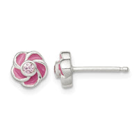 Sterling Silver Polished Enamel Flower CZ Post Earrings