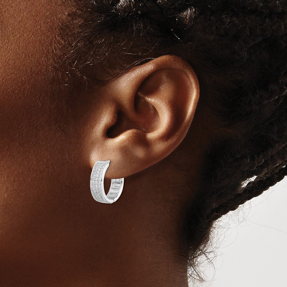 Sterling Silver Polished Rhodium-plated 3-row Hinged Hoop Earrings