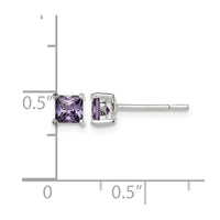 Sterling Silver Polished Square 4mm Purple CZ Stud Earrings