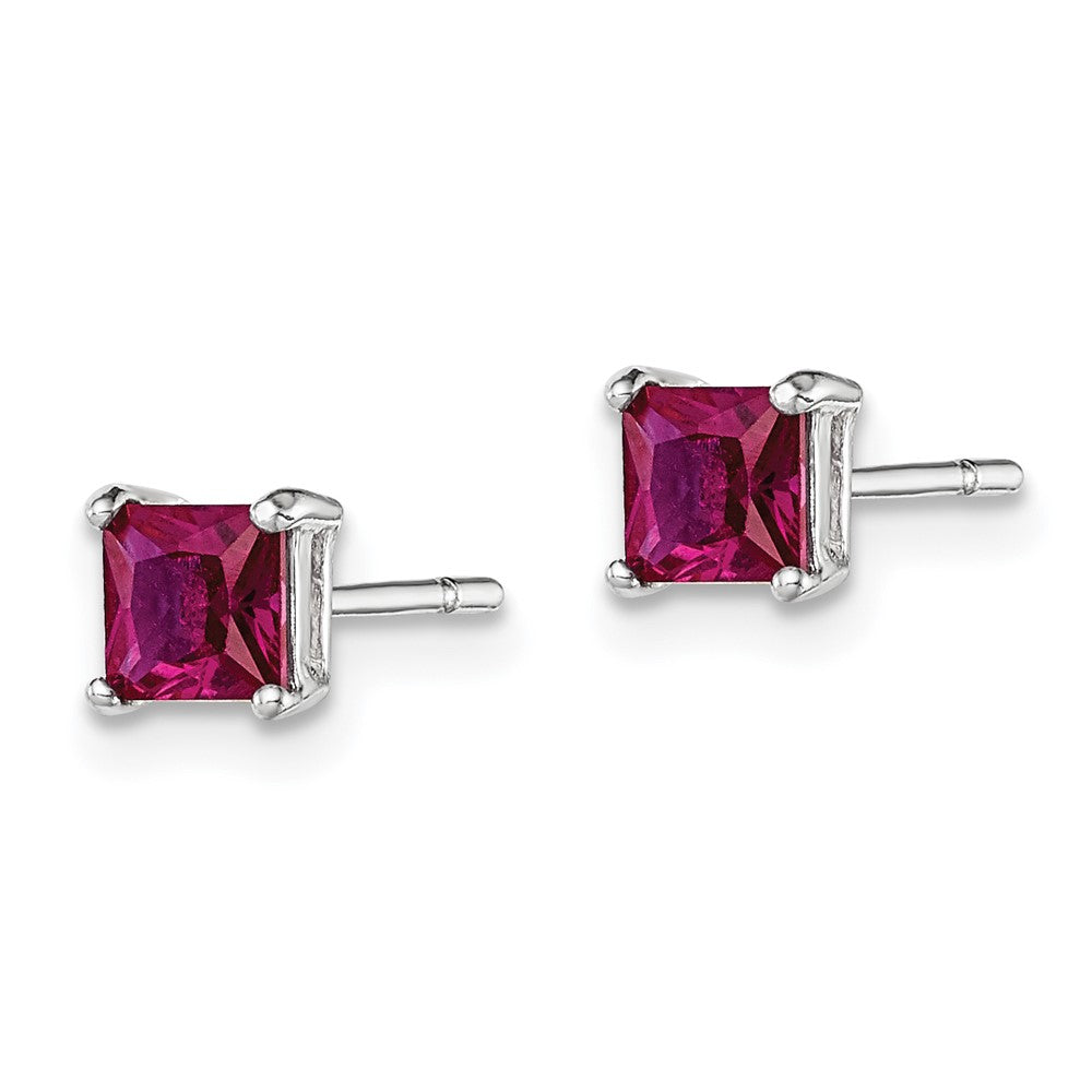 Sterling Silver Polished 4mm Square Dark Red Glass Stud Earrings