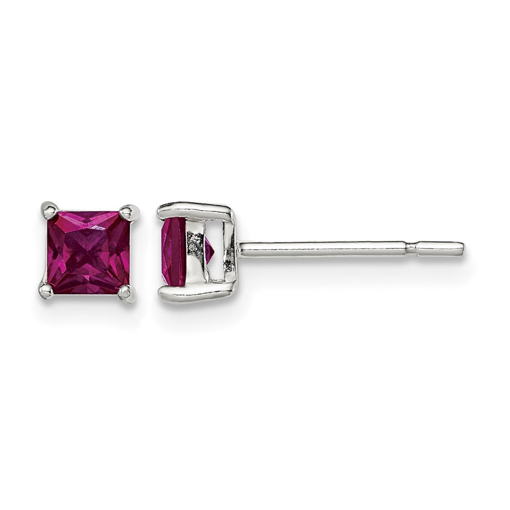 Sterling Silver Polished 4mm Square Dark Red Glass Stud Earrings