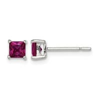 Sterling Silver Polished 4mm Square Dark Red Glass Stud Earrings