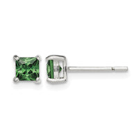Sterling Silver Polished 4mm Square Green Glass Stud Earrings