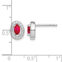 Sterling Silver Rhod-plated Red and White CZ Oval Stud Earrings