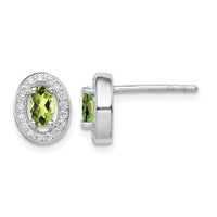 Sterling Silver Rhod-plated Light Green and White CZ Oval Stud Earrings