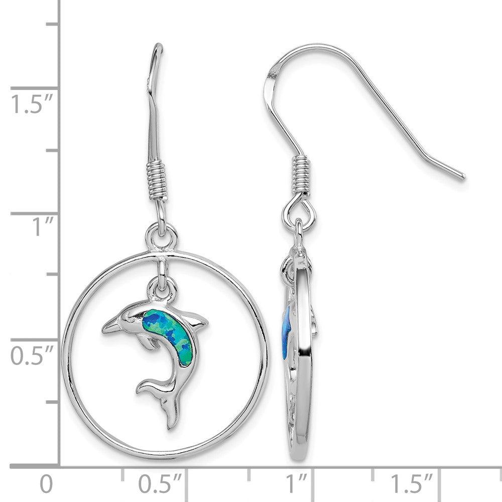 Sterling Silver Rhodium w/Created Blue Opal Dolphin Dangle Earrings