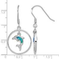 Sterling Silver Rhodium w/Created Blue Opal Dolphin Dangle Earrings