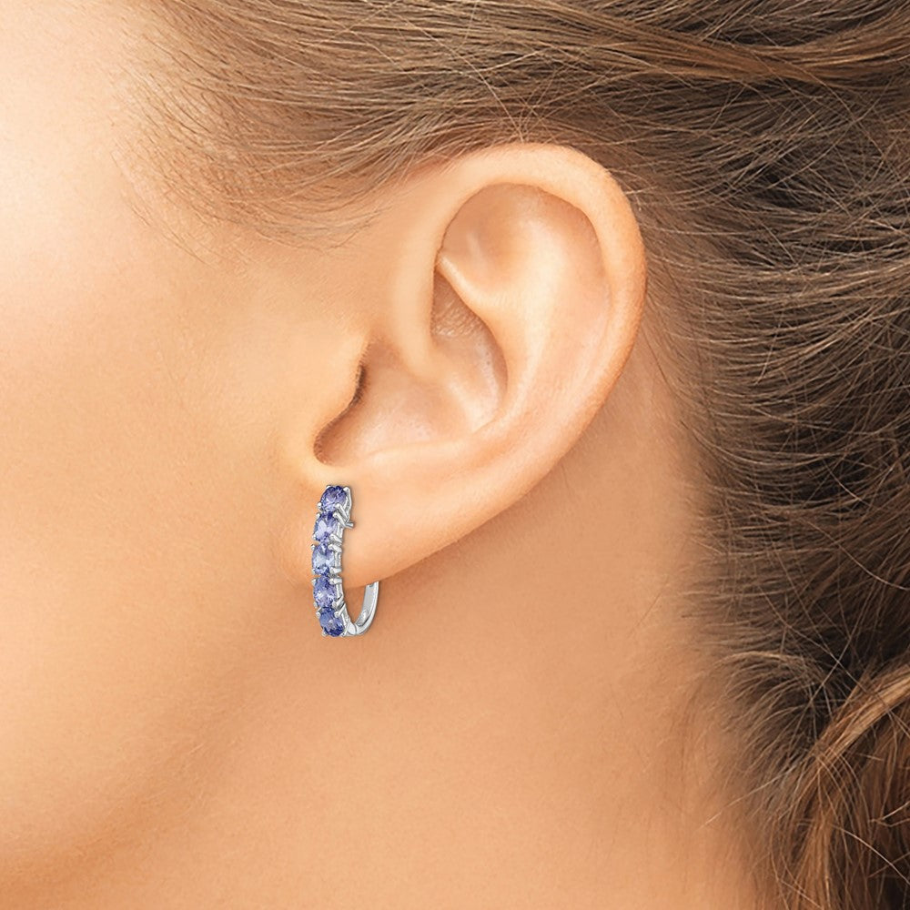 Sterling Silver Rhodium-plated Oval Tanzanite Hinged Hoop Earrings