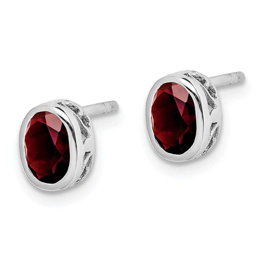 Sterling Silver Rhodium-plated Polished Garnet Oval Post Earrings
