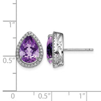 Sterling Silver Rhodium Polished Amethyst & CZ Post Earrings