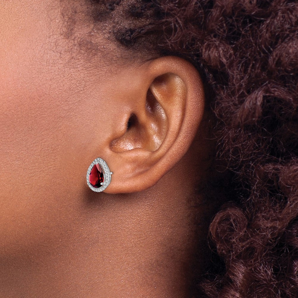 Sterling Silver Rhodium Polished Garnet & CZ Post Earrings