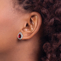 Sterling Silver Rhodium Polished Garnet & CZ Post Earrings