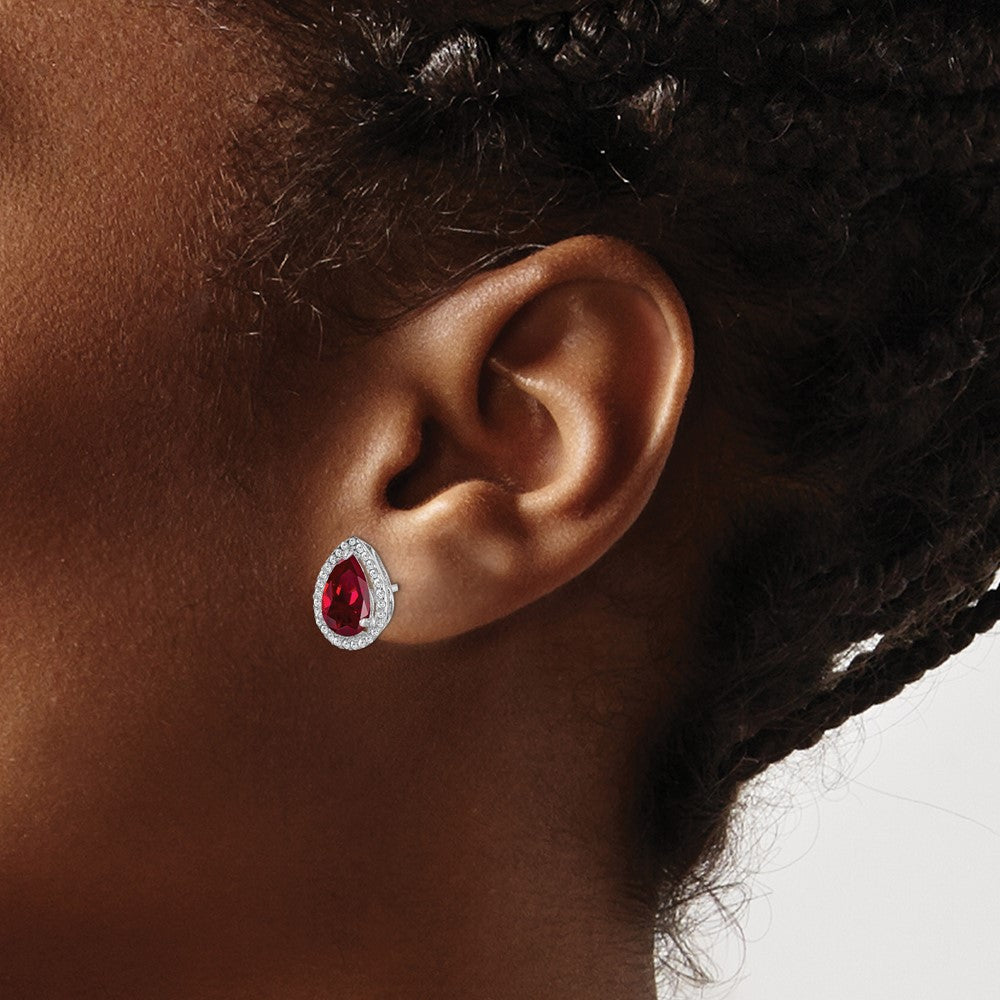 Sterling Silver Rhodium Polished CZ and Lab Created Ruby Pear Post Earrings