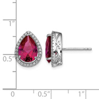 Sterling Silver Rhodium Polished CZ and Lab Created Ruby Pear Post Earrings