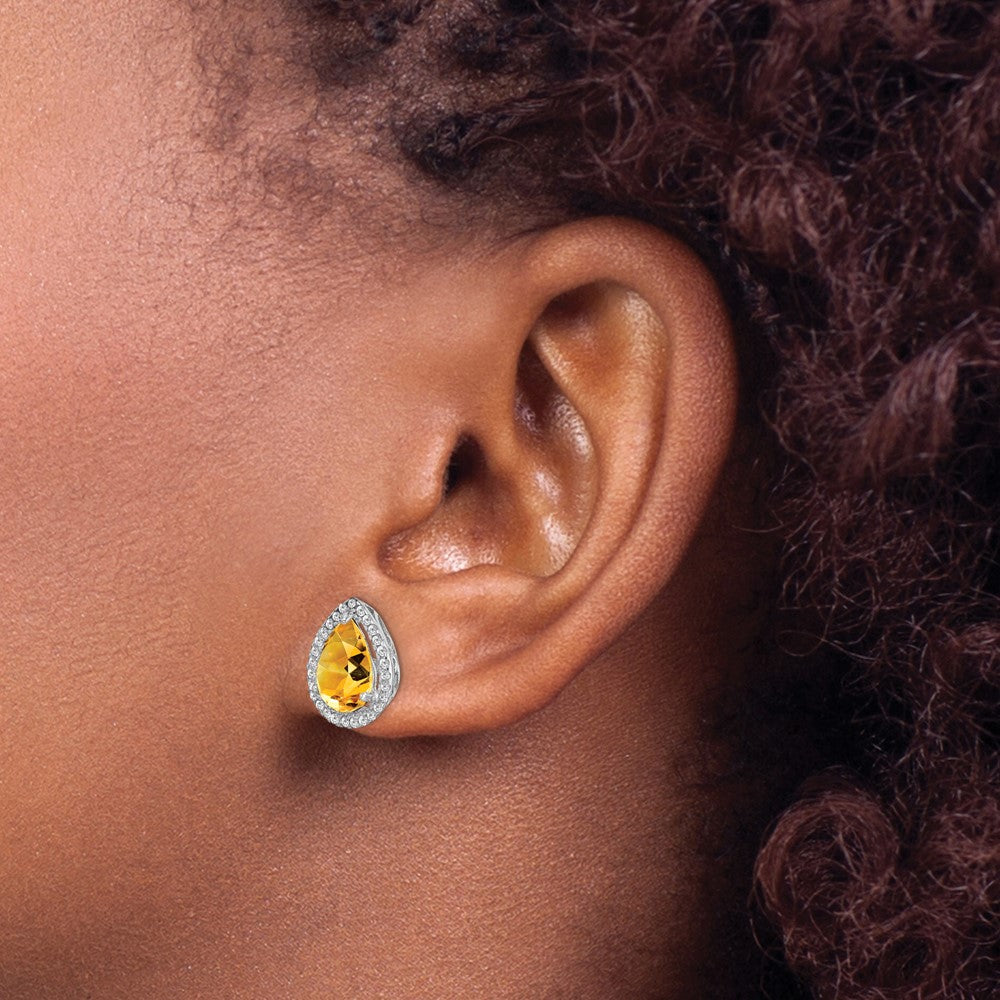 Sterling Silver Rhodium Polished Citrine & CZ Post Earrings