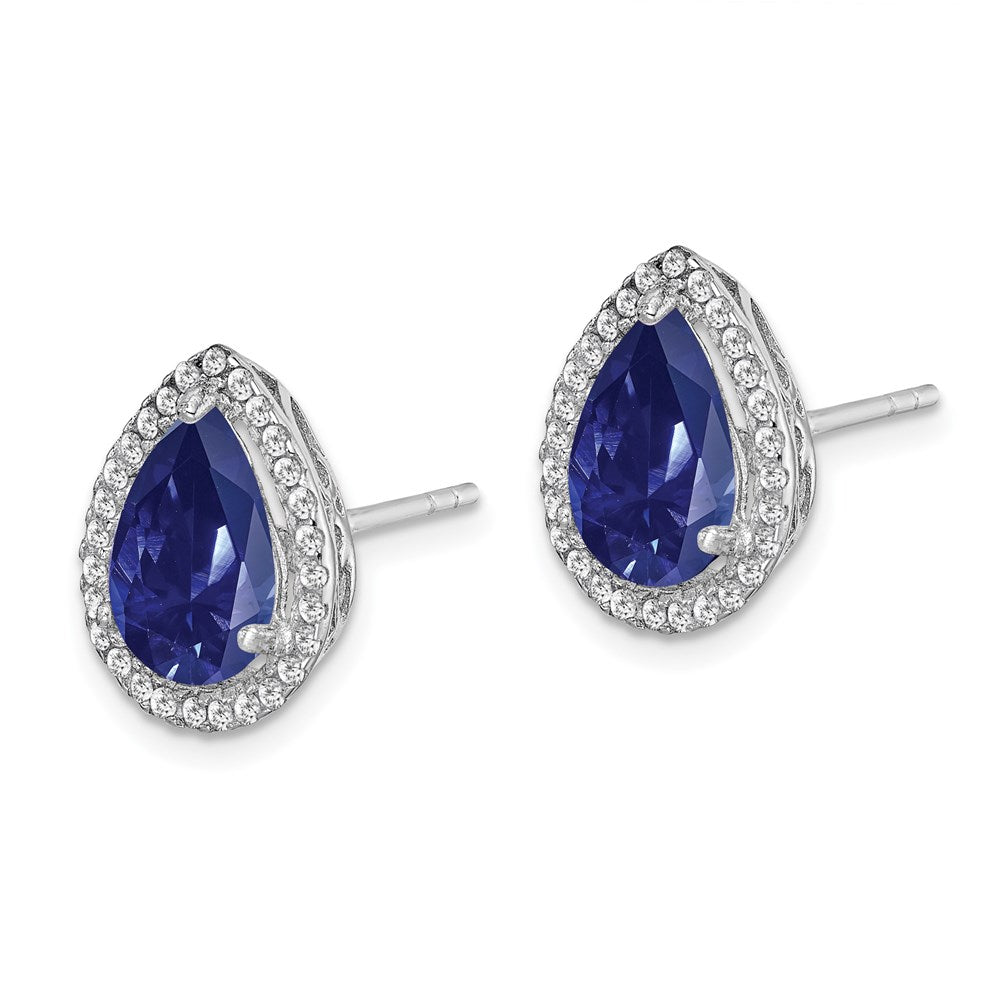 Sterling Silver Rhodium Created Sapphire & CZ Post Earrings