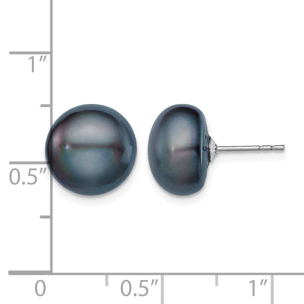 Sterling Silver Rh-plated 11-12mm Black FWC Button Pearl Earrings