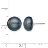 Sterling Silver Rh-plated 11-12mm Black FWC Button Pearl Earrings