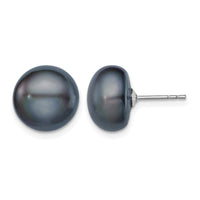 Sterling Silver Rh-plated 11-12mm Black FWC Button Pearl Earrings