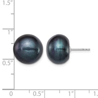 Sterling Silver Rh-plated 12-13mm Black FWC Button Pearl Earrings