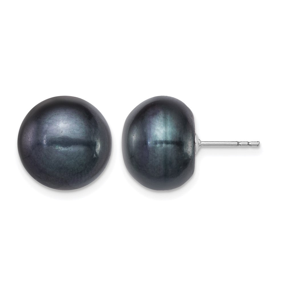 Sterling Silver Rh-plated 12-13mm Black FWC Button Pearl Earrings