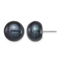 Sterling Silver Rh-plated 12-13mm Black FWC Button Pearl Earrings