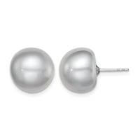 Sterling Silver Rh-plated 12-13mm Grey FWC Button Pearl Earrings