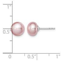 Sterling Silver Rh-plated 7-8mm Purple FWC Button Pearl Earrings