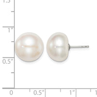 Sterling Silver Rh-plated 12-13mm White FWC Button Pearl Earrings
